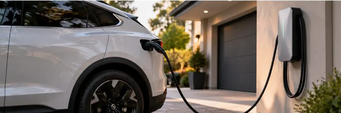 A white electric SUV plugged into a wall-mounted home charger beside a garage