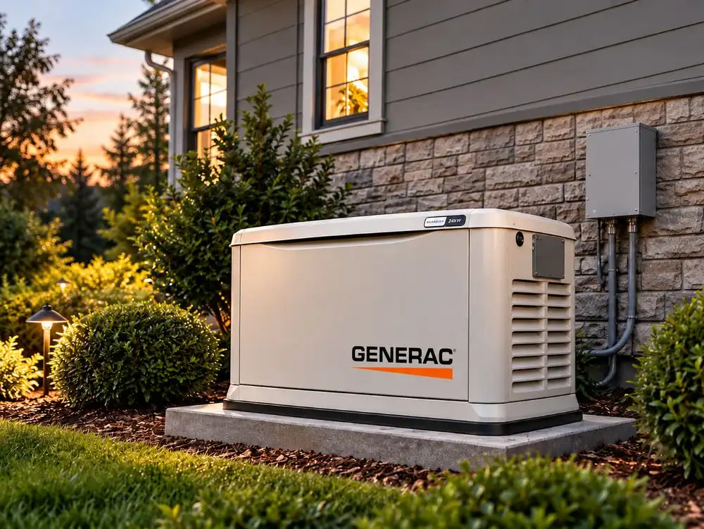 A Generac whole-house standby generator on a concrete pad beside a stone-and-siding home at sunset
