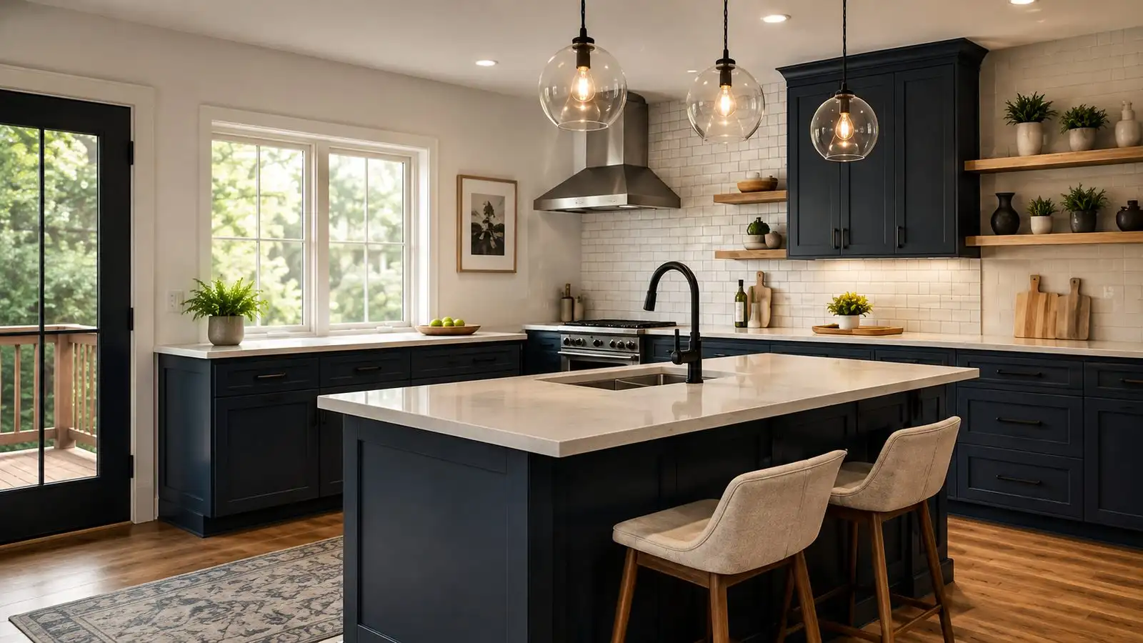Bright modern kitchen with a marble-topped island, navy cabinets and glass pendant lights