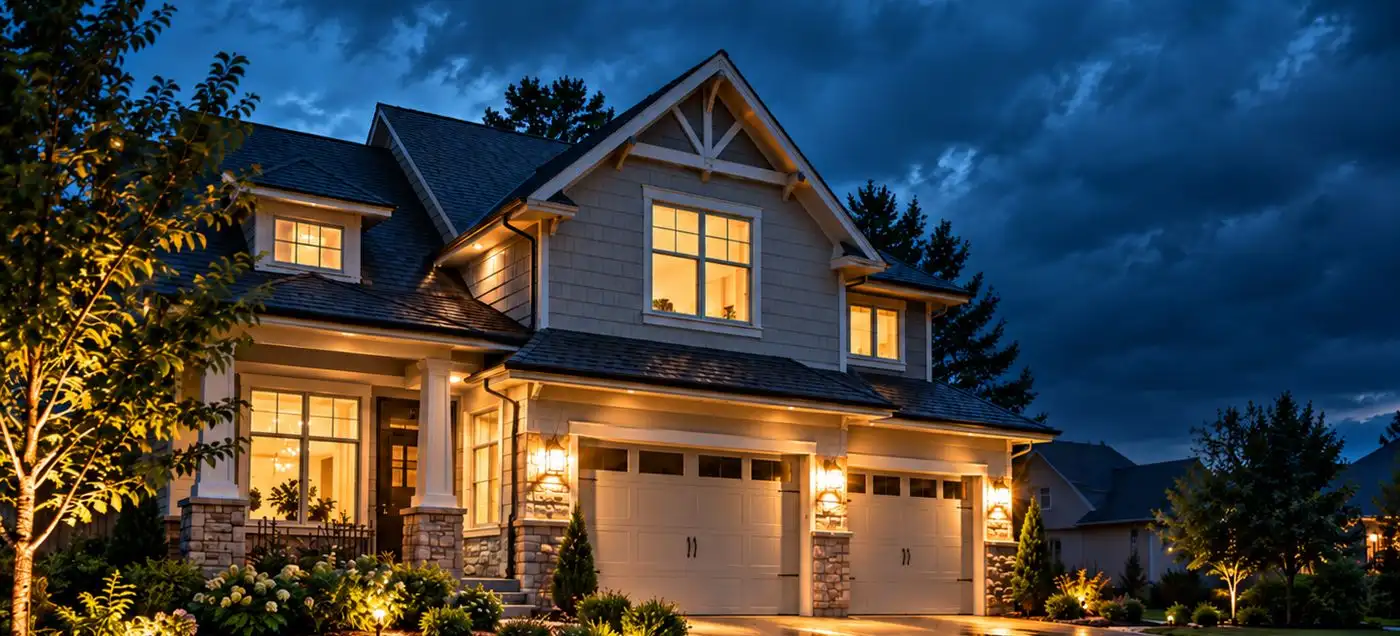 A lit-up two-story home with a two-car garage under a stormy night sky