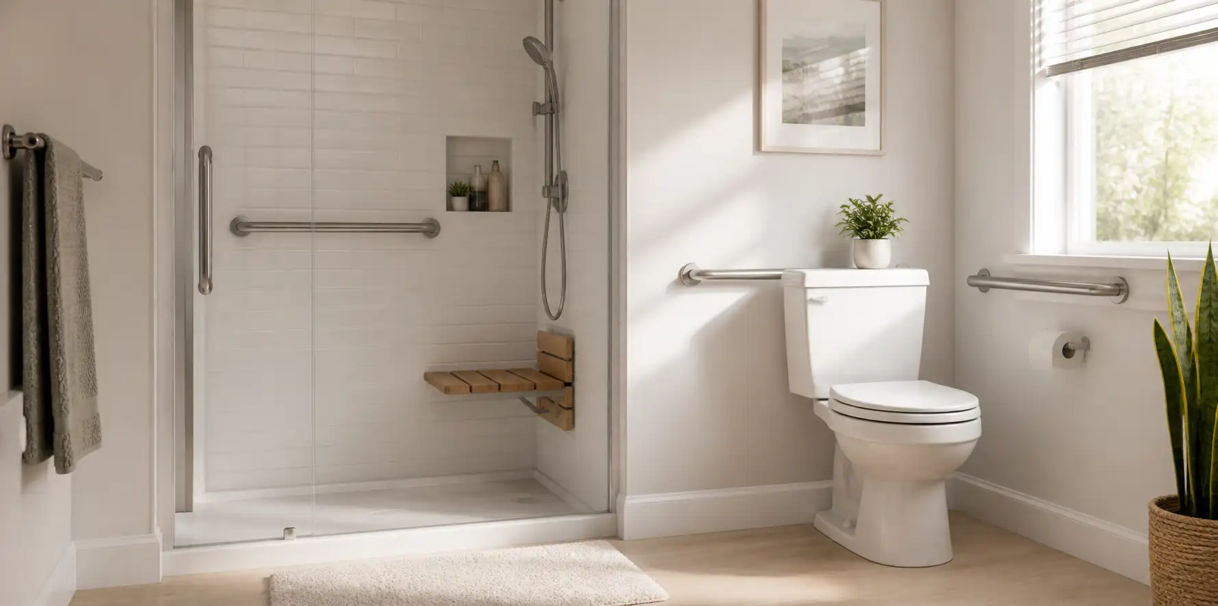 A bathroom with a toilet, shower, and wooden bench.