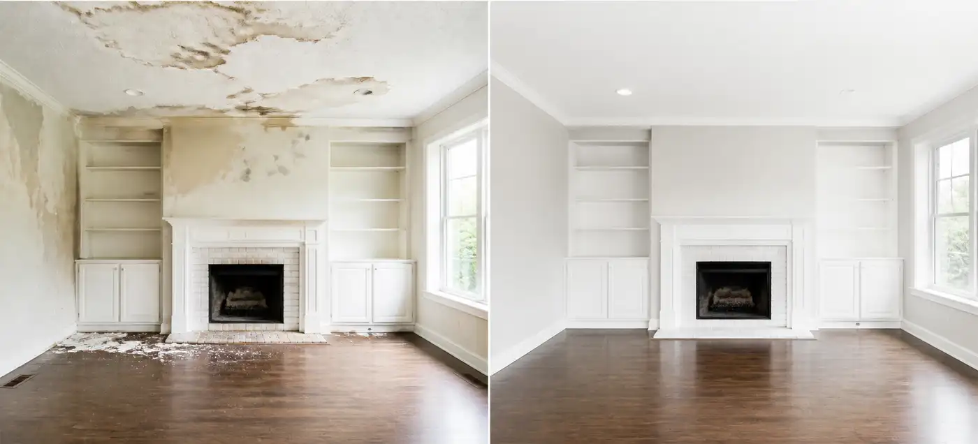 Before and after photos of a room with a fireplace and bookshelves.