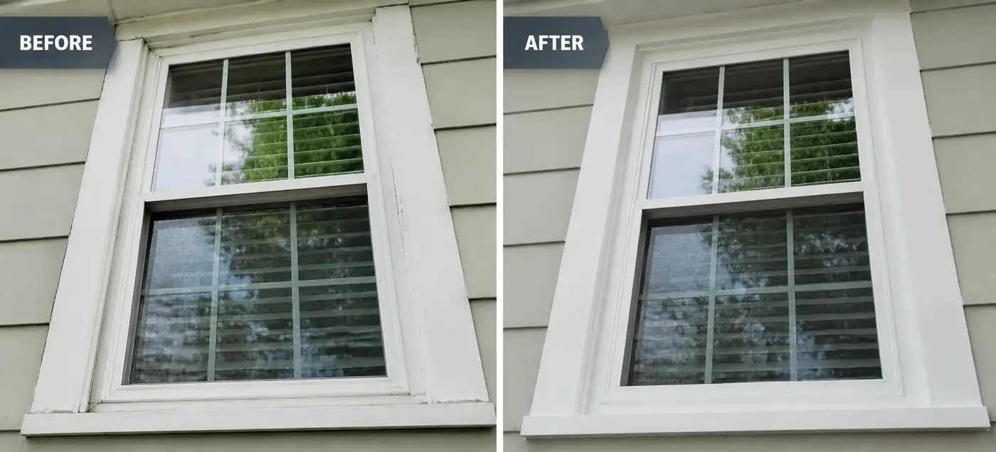 Before and after photo of a window with a handyman service in Birmingham.