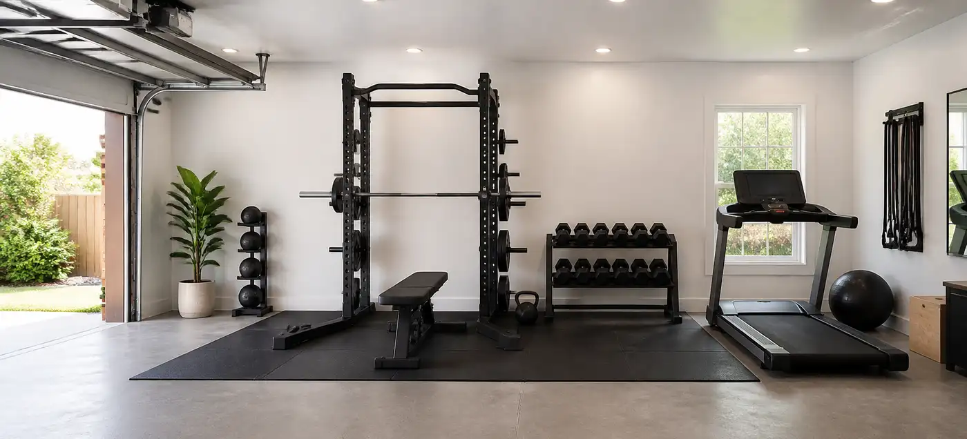 A gym with a bench and a barbell.