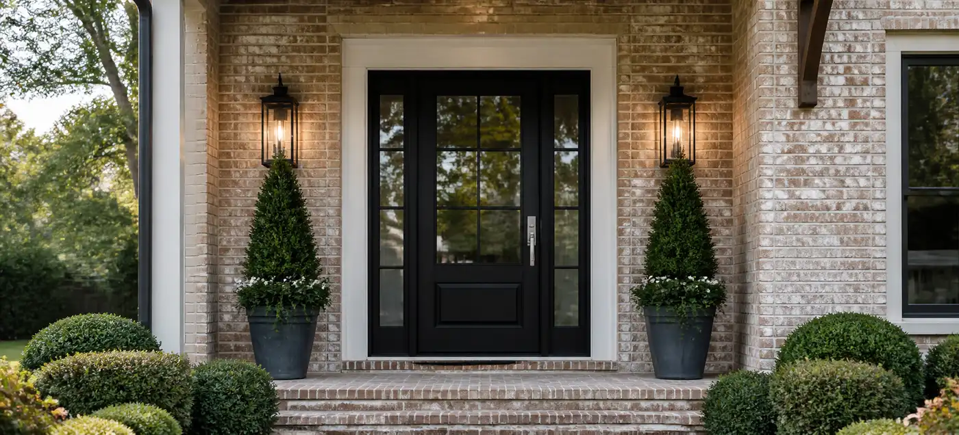 Black front door with window on the front of a home