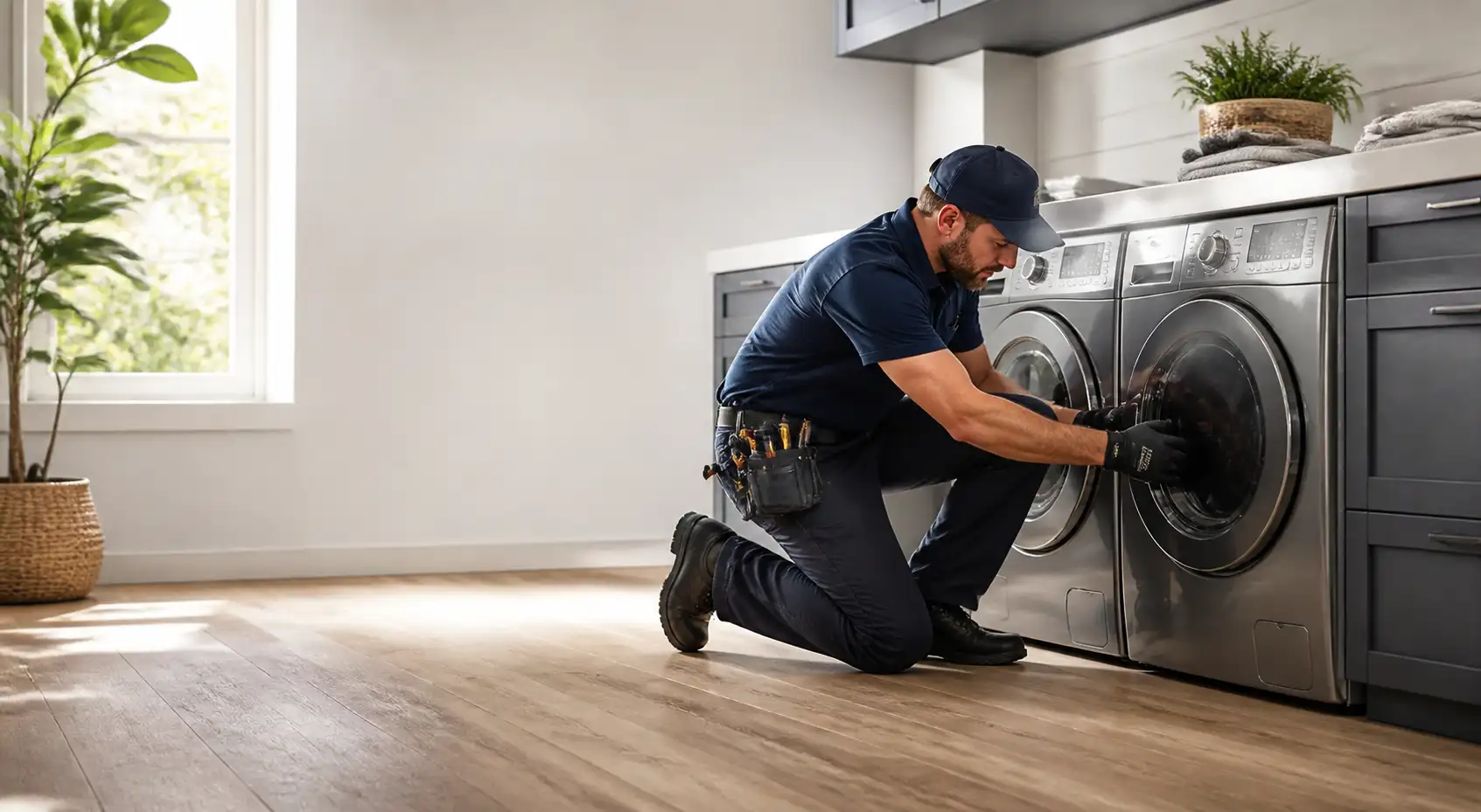 A man in a blue shirt and black pants is fixing a washing machine in a kitchen.