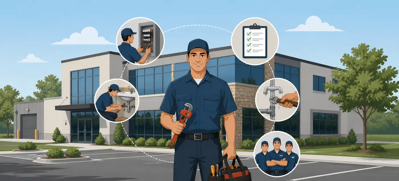 A man in a blue shirt holding a tool bag, possibly a handyman, standing in front of a building.