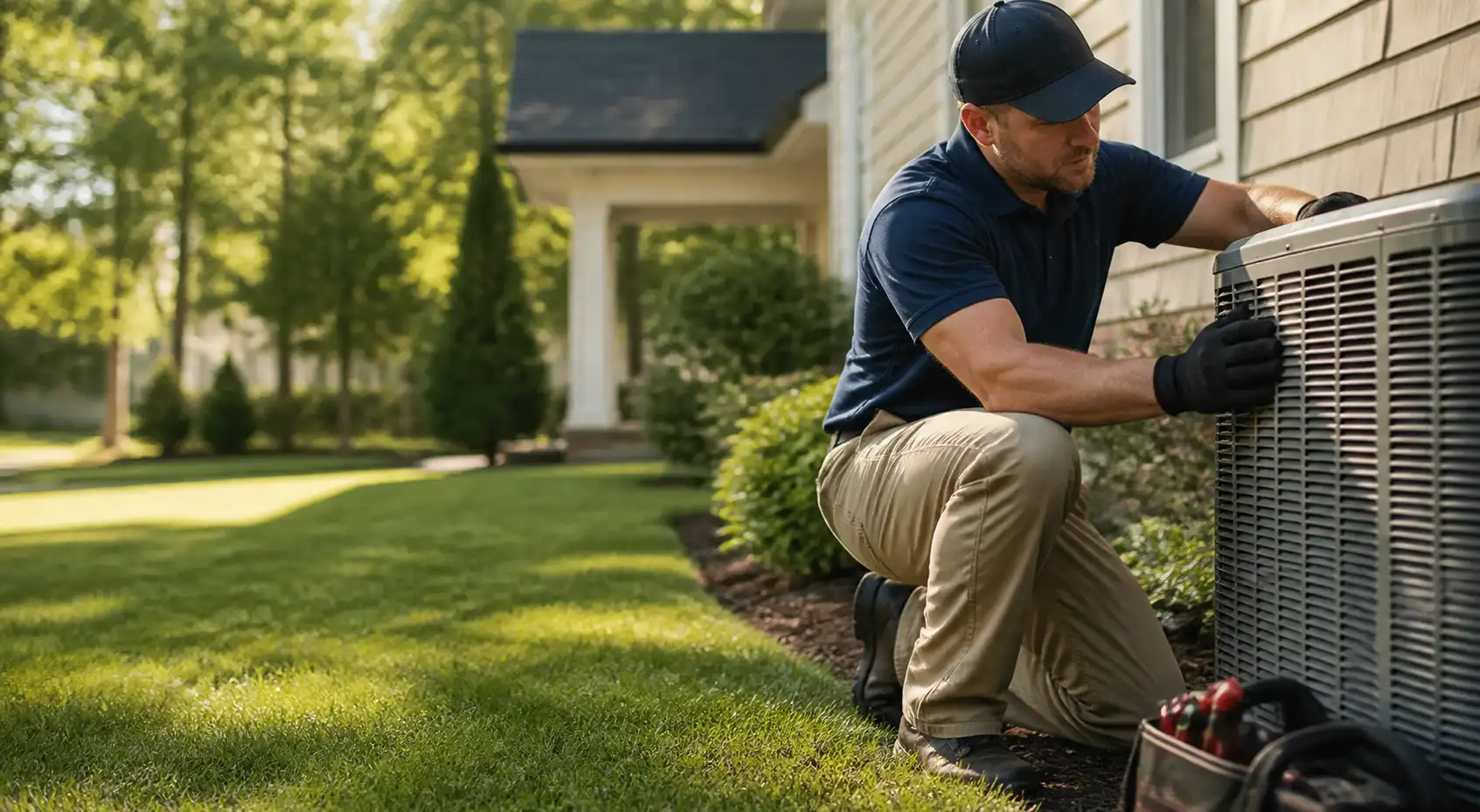 A man in a blue shirt and khaki pants is kneeling down to fix a sprinkler system.