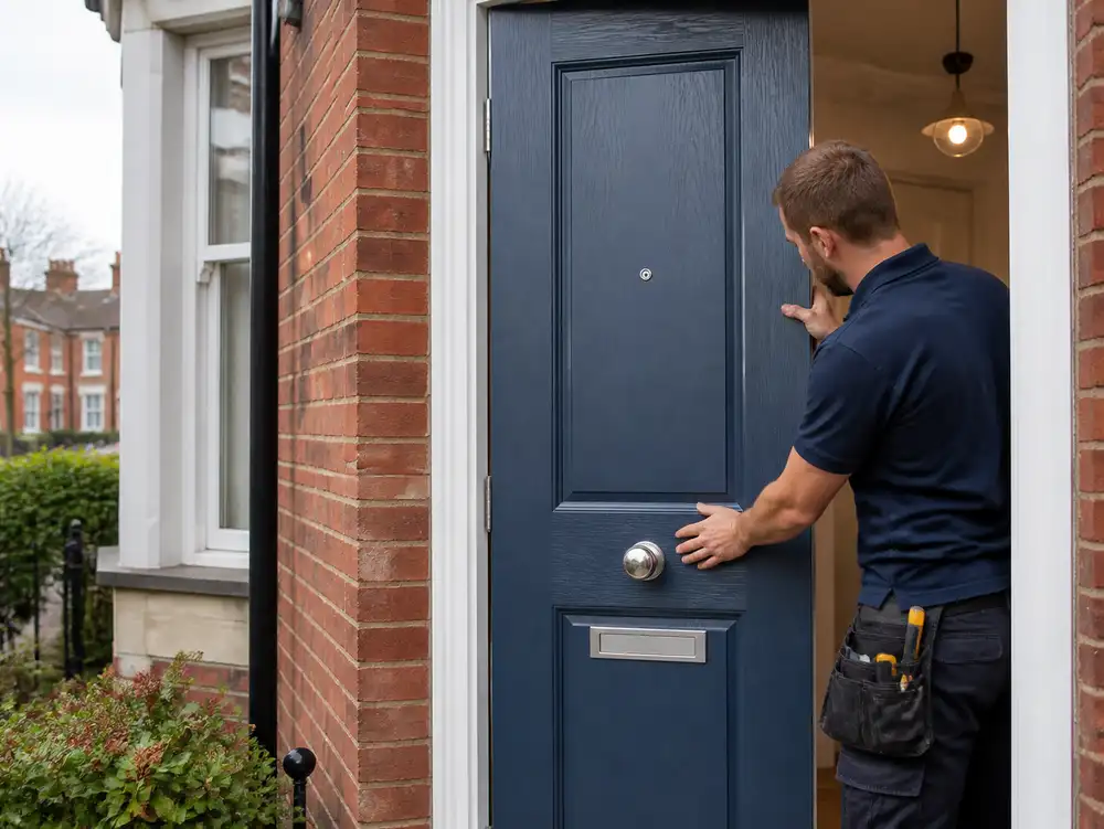 Handy Dudes technician in blue shirt opening a blue front door