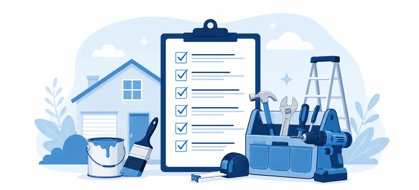 A checklist of items for a handyman service, including a hammer, wrench, and other tools.