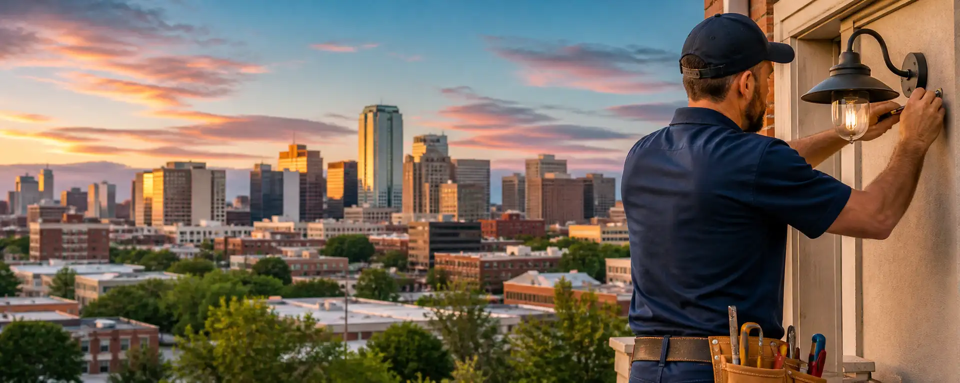 A cityscape with a tall building and a sunset in the background.