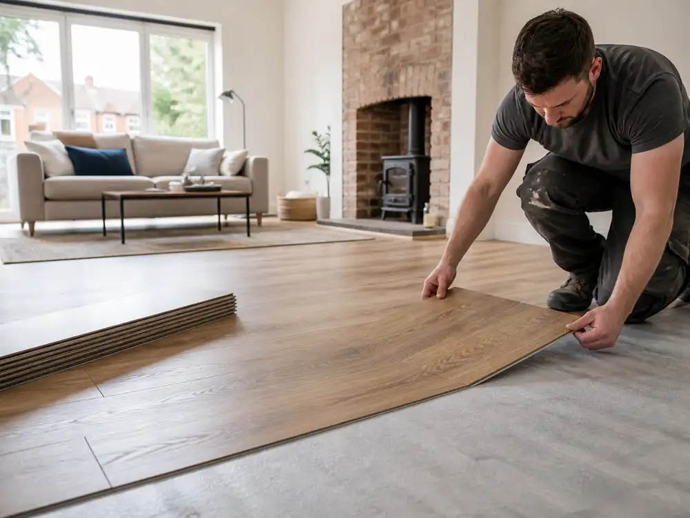 A man in a grey shirt is installing a new floor in a living room.