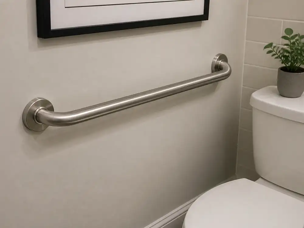 A handrail is attached to a bathroom wall.