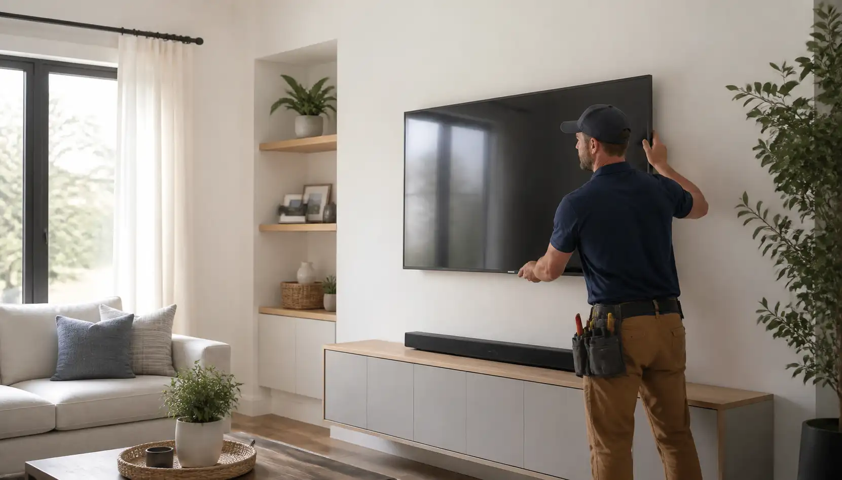 A man installing a flat screen TV in a living room.