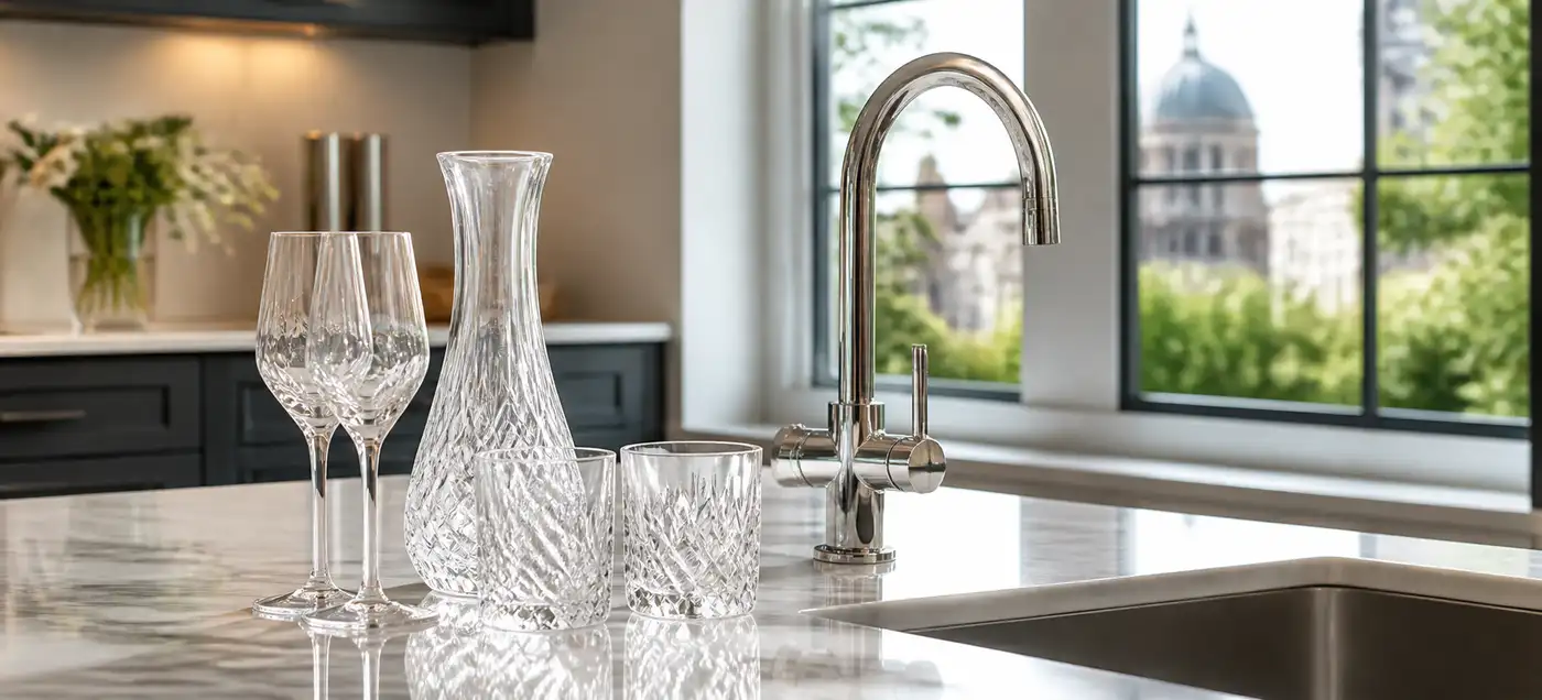 A kitchen counter with a faucet, two glasses, and a vase.