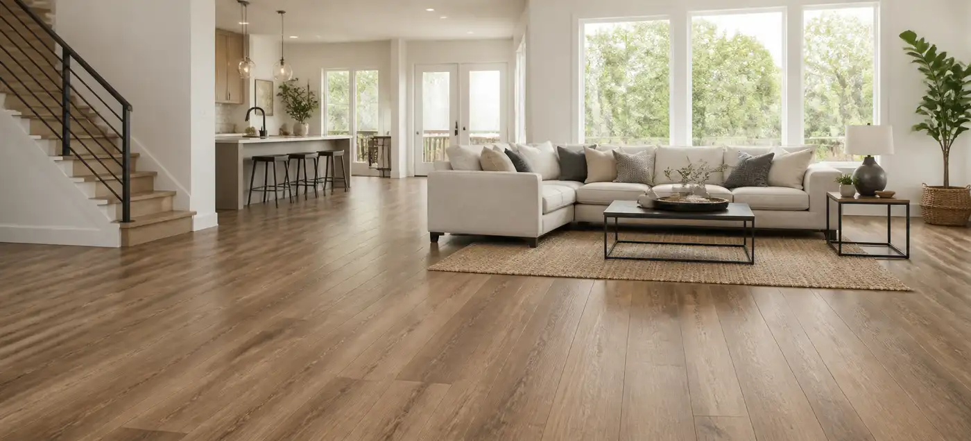 A large, clean living room with a couch, chairs, and a coffee table. The room is well-lit and features hardwood floors.