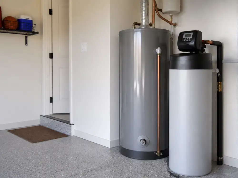 A large water heater and a water tank are in a garage.