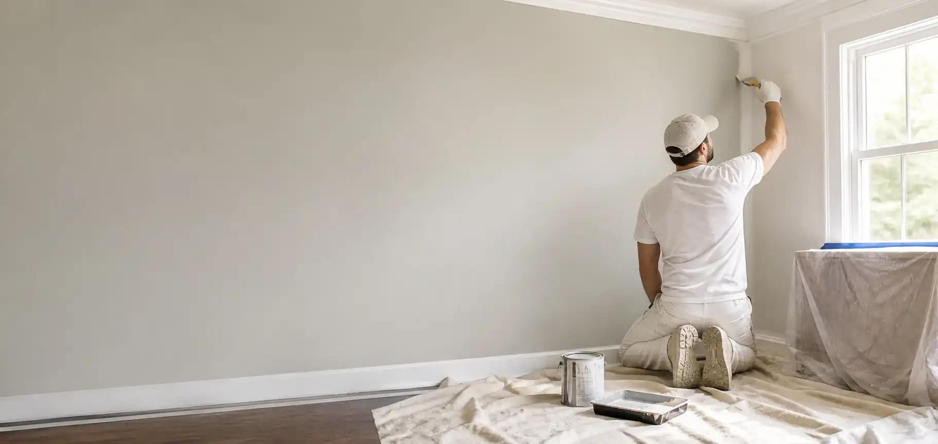 A man is painting a wall in a room.