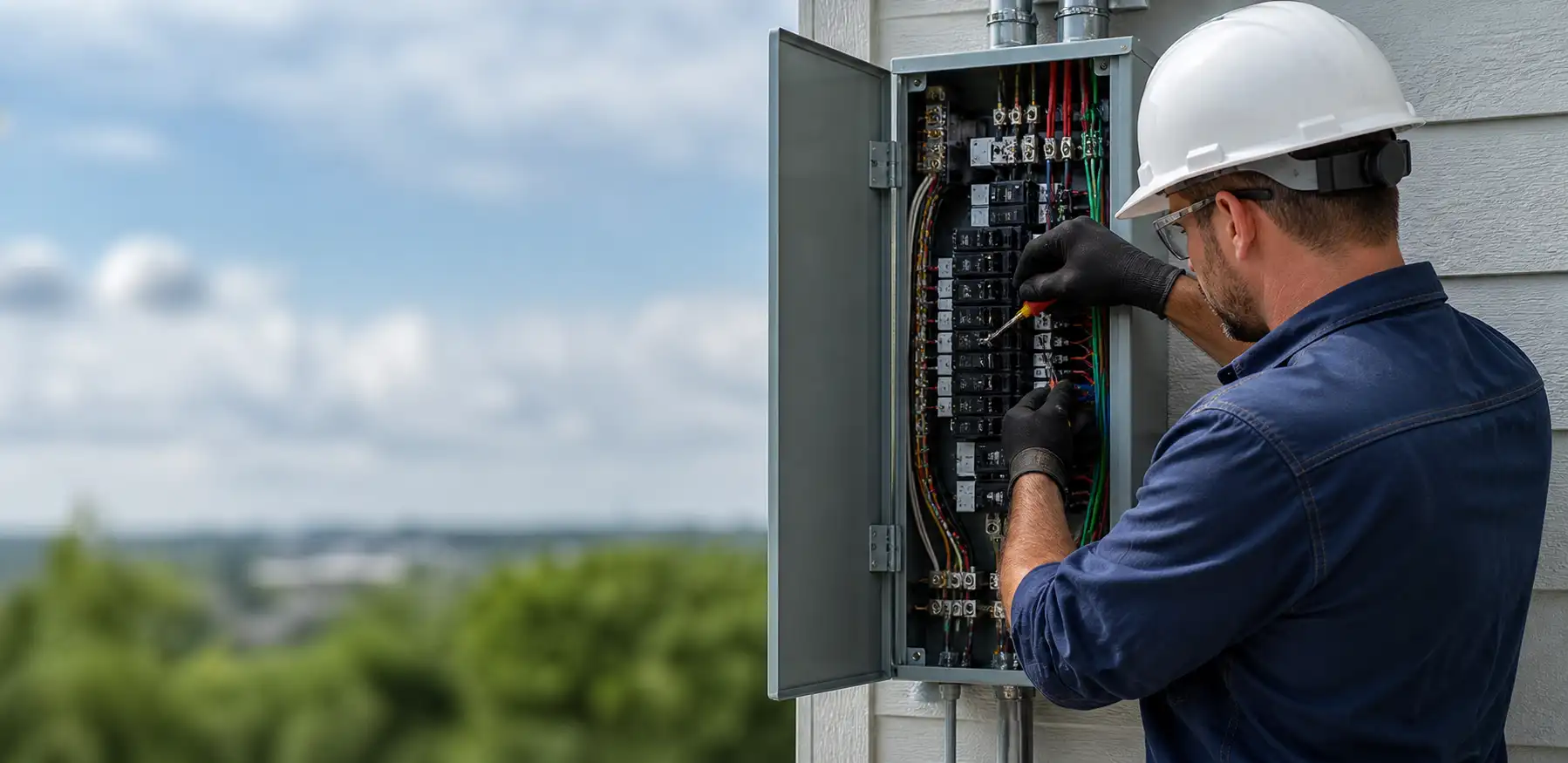 A man wearing a hard hat works on an electrical box