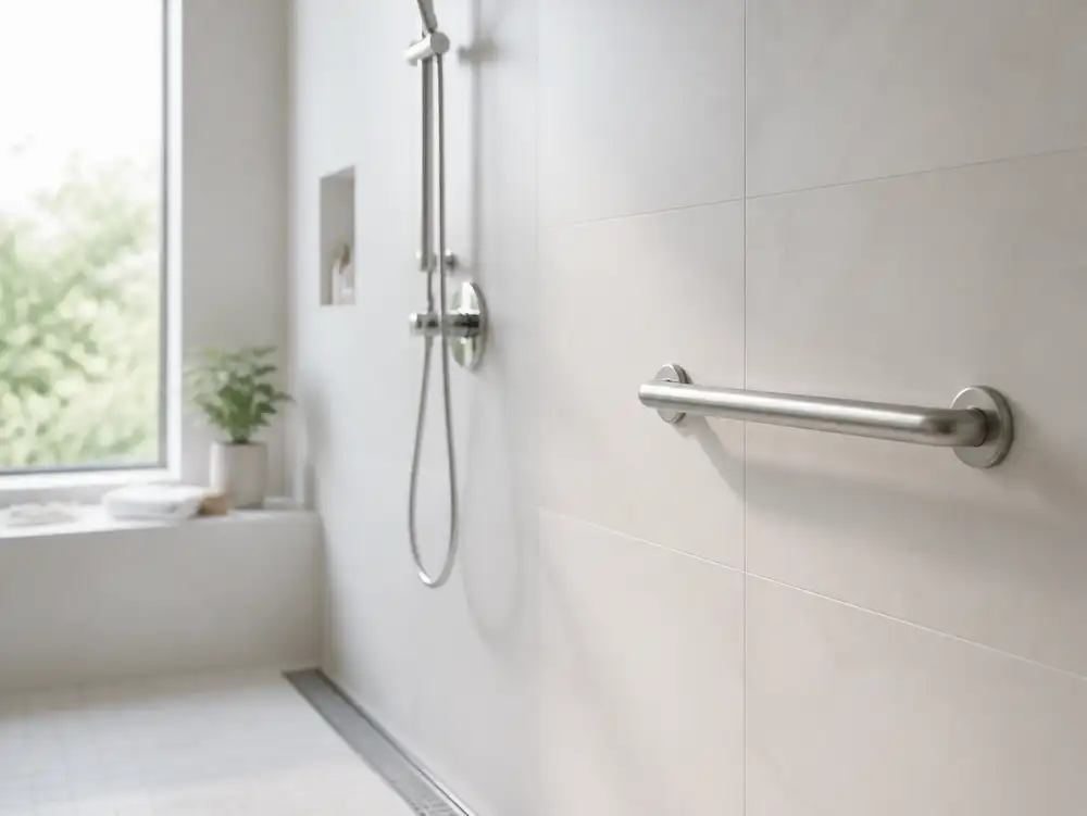A white bathroom with a shower and a toilet.