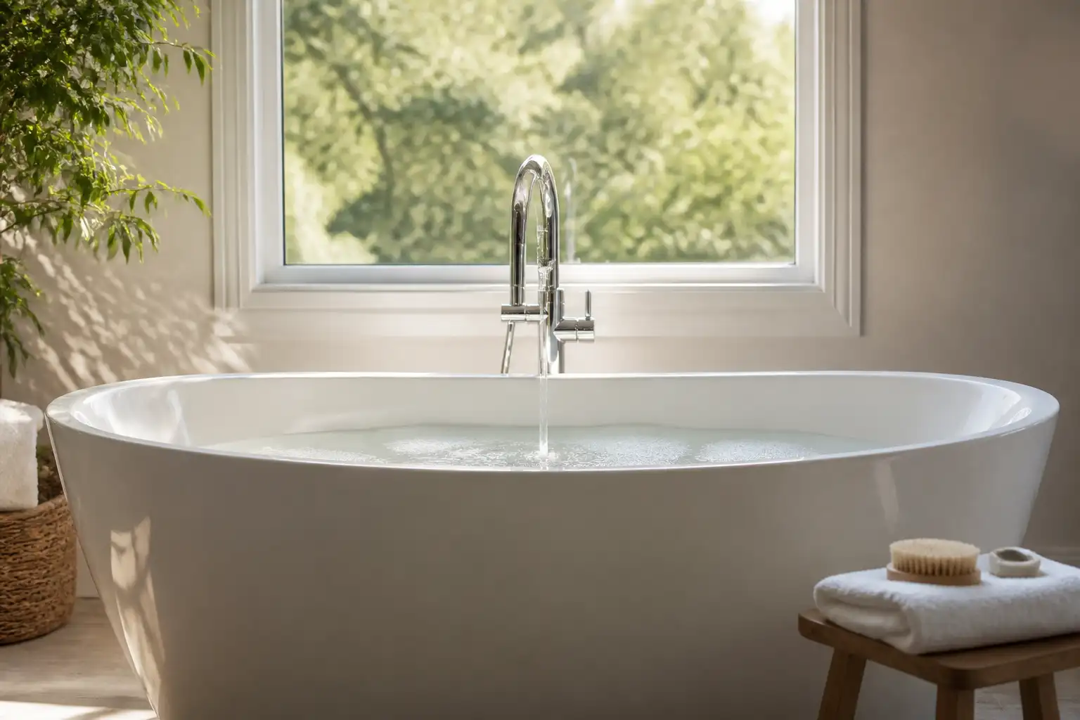A white bathtub with a faucet and a window in the background.