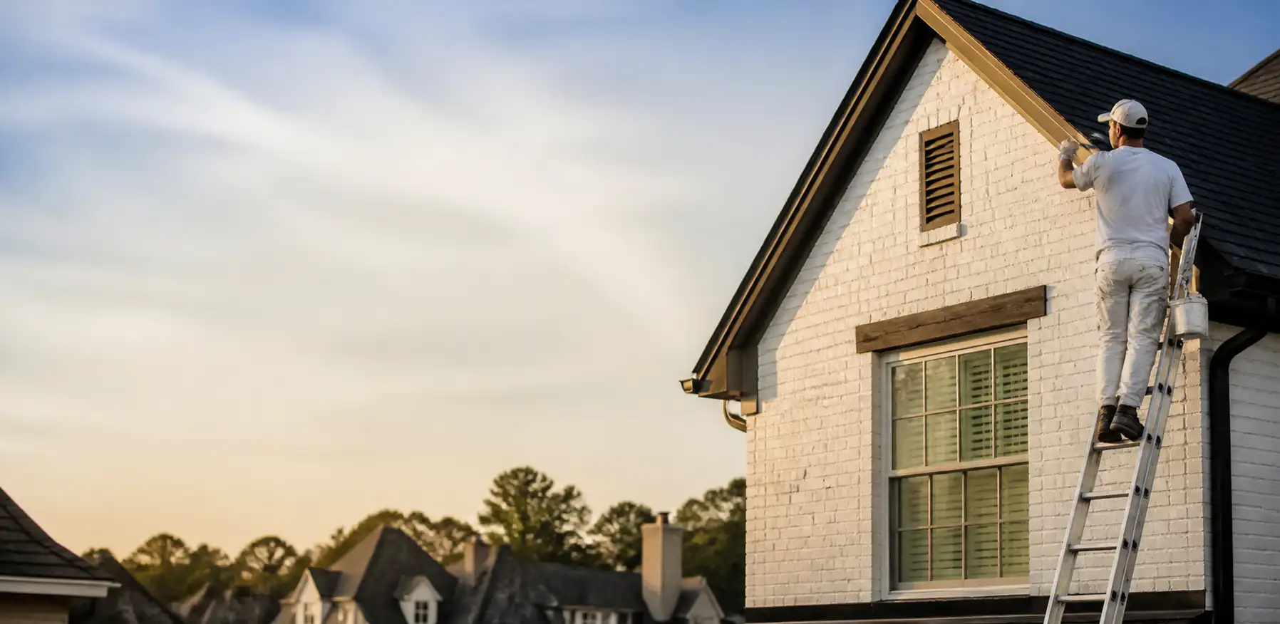 A white house with a window and a brick chimney.