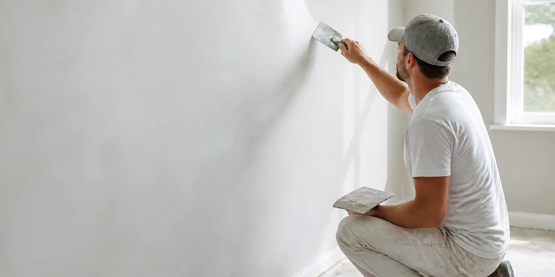 A man in a white shirt is painting a wall in a room