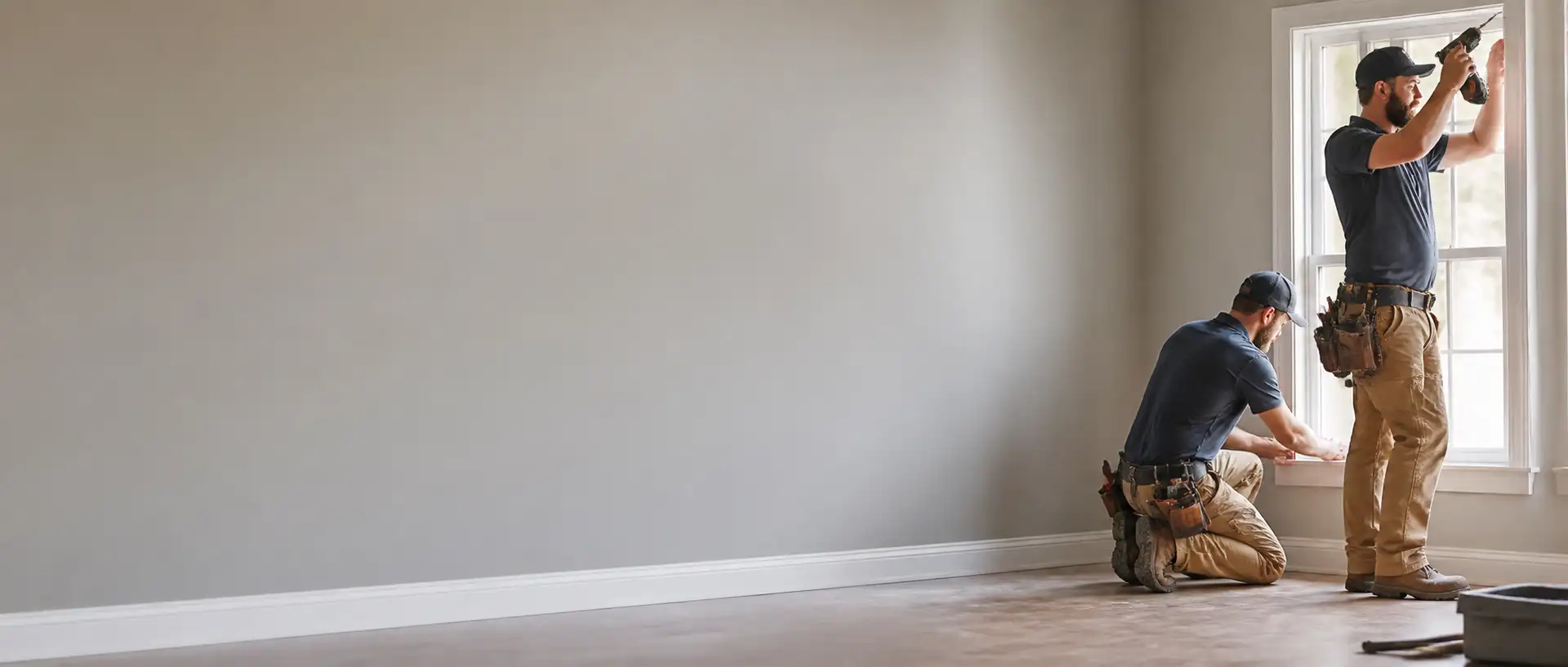 A white wall with a handyman standing in front of it.