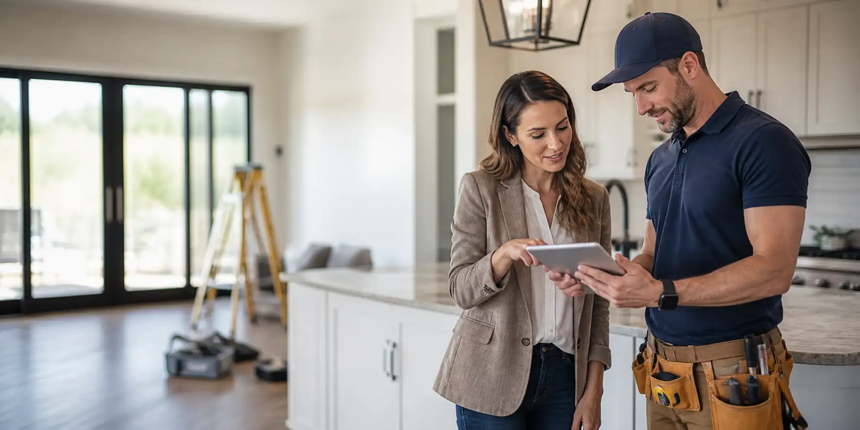 A man and woman looking at a tablet in a kitchen.