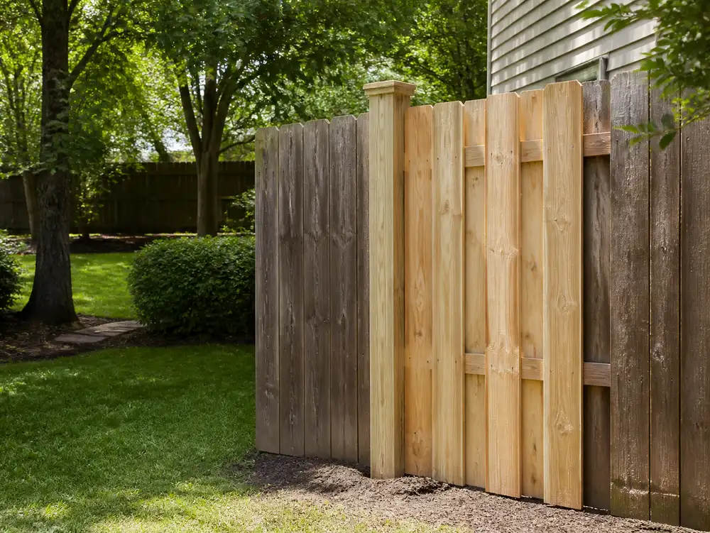 A wooden fence in front of a tree.