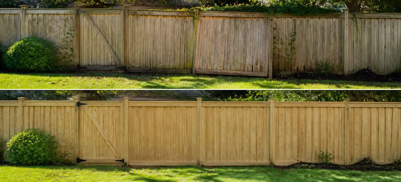 A wooden fence with a gate in the middle of a yard.