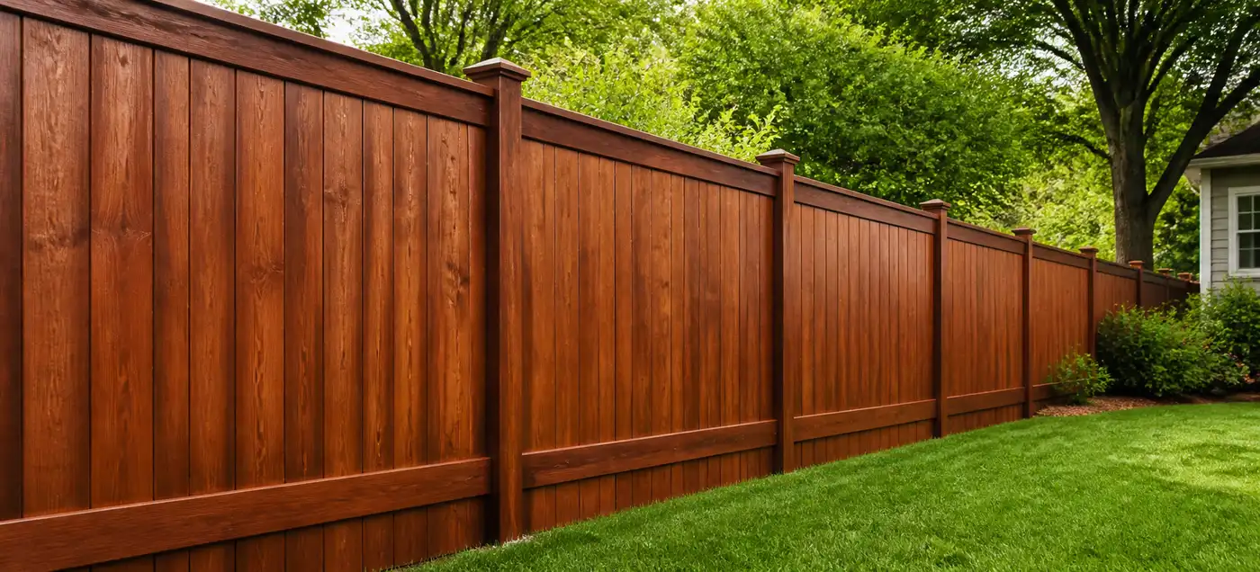 A wooden fence in a yard with green grass.