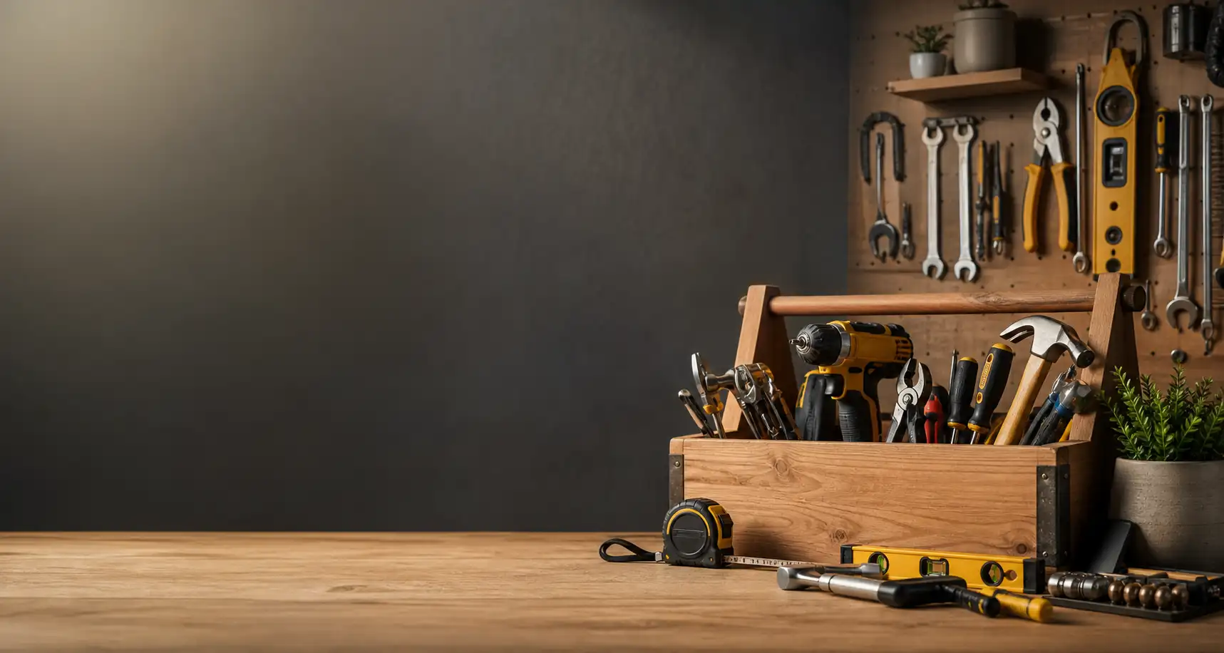 A wooden box filled with various tools, including a wrench, is placed on a table.