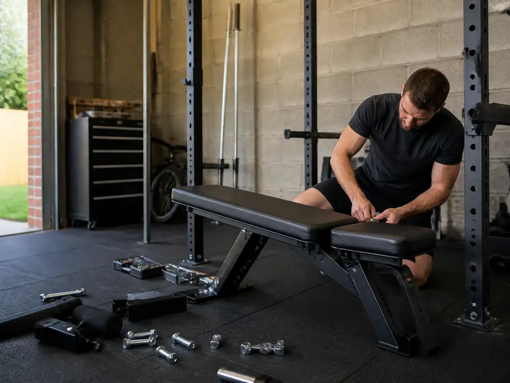 A man working on a bench in a gym.