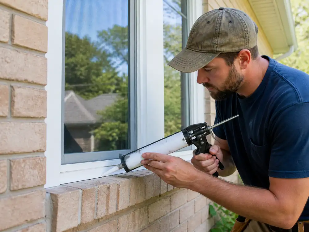 A man in a blue shirt is opening a blue door in a brick house.