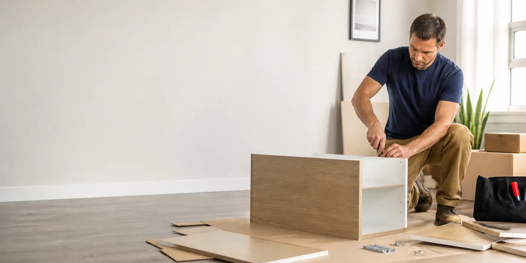 A man working on a wooden cabinet in a Birmingham metro area home.