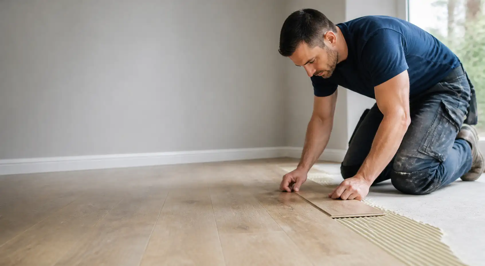 A man working on a wooden floor in a Birmingham metro area home.